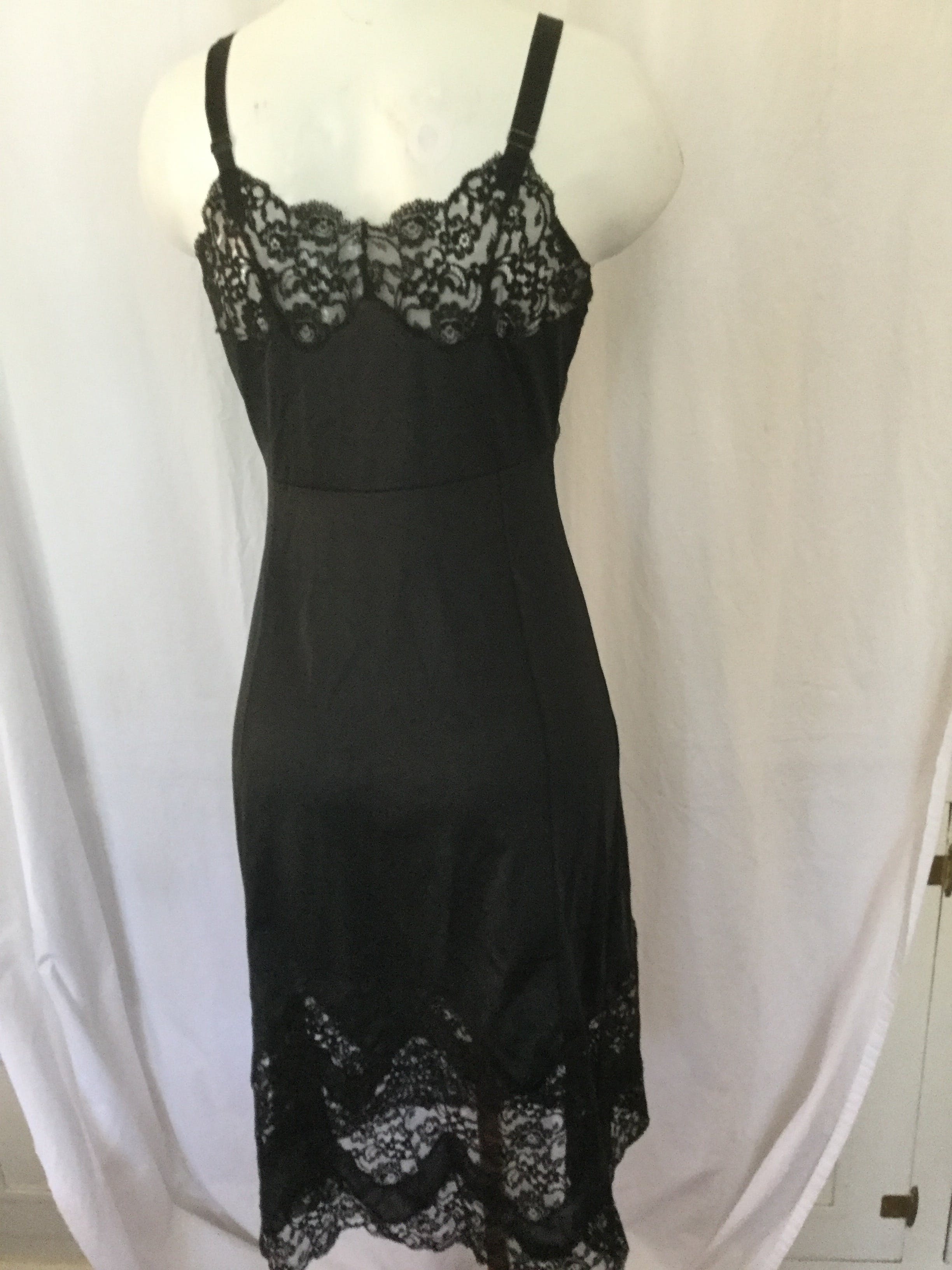 Vintage 80s Nightie Black Slip Sheer Wide Lace By No Tag | Shop THRILLING