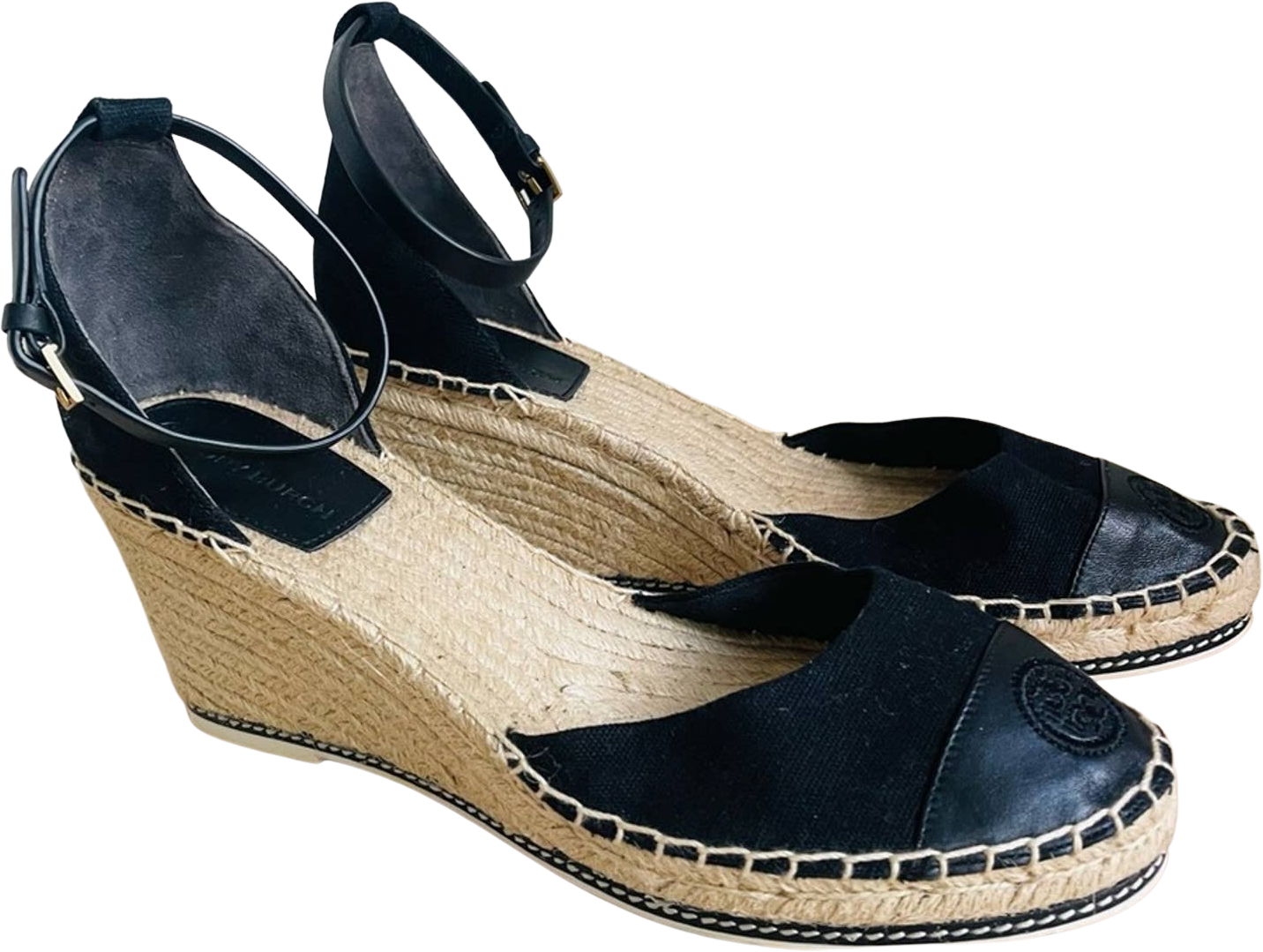 Vintage Tory Burch Colorblock Espadrille Wedge Black Tan Ankle Strap Casual  by | Shop THRILLING