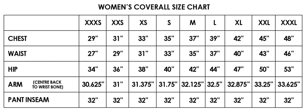 WOME'S COVERALL SIZE CHART FOR OVER3000