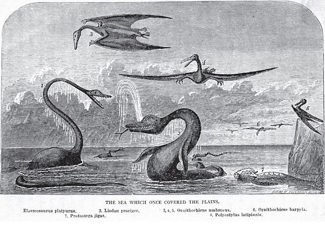 1872 Paleo-art depicting prehistoric sea animals discovered in the Great Plains by Henry Worrall.