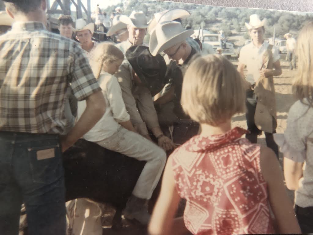 Molly in her childhood, riding on the MP Ranch and getting ready to ride a calf at the White Oaks NM rodeo. Photos courtesy of Molly Baldrige.