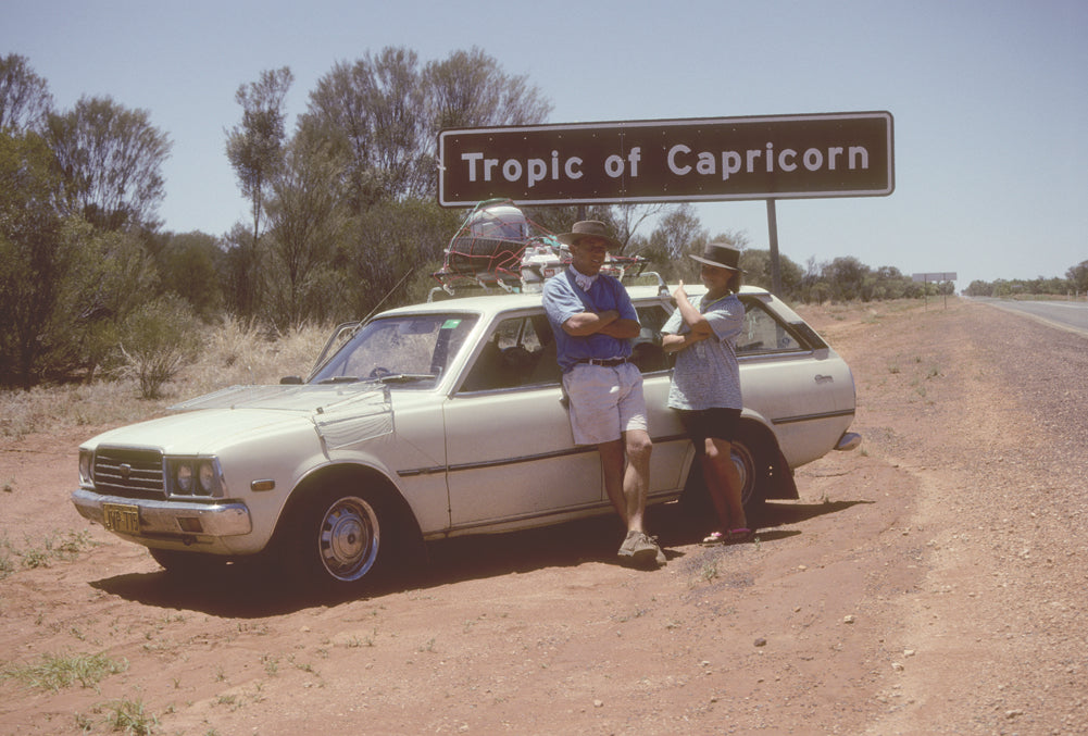 Bruce and his wife Serena traveling across Australia in their old “banger.” Photo courtesy of Bruce Munro Studio.