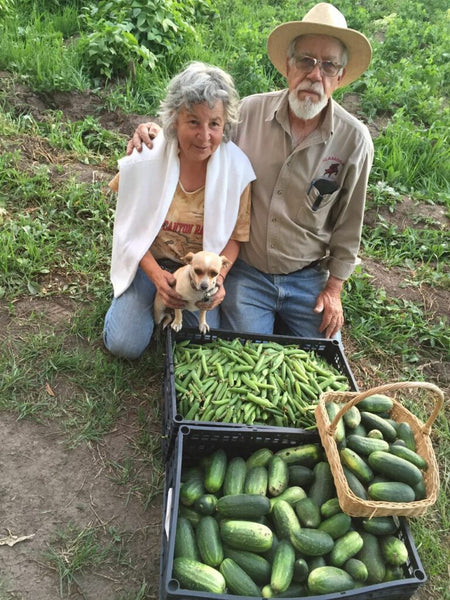 The Garcias with their dog and a harvest of beans and cucumbers.