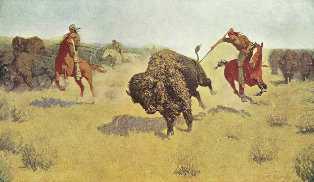 “The Buffalo Runners” by Frederic Remington (1907). Bison were an integral part of Plains Indian culture. The decimation of the species was largely due to European invasion.