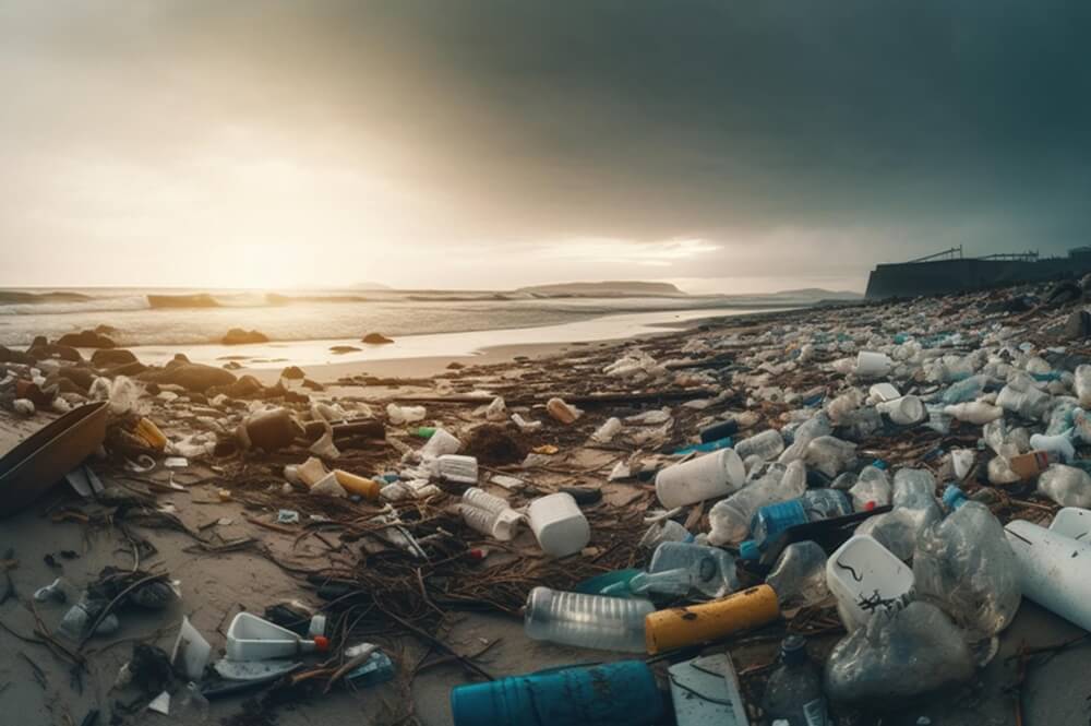 A beach covered in plastic bottles and other garbage, symbolizing the environmental crisis of plastic pollution