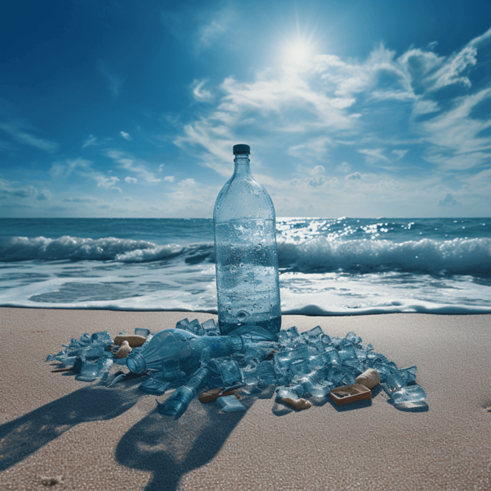 A single, intact plastic bottle stands out atop a pile of crushed plastic bottles ready for recycling