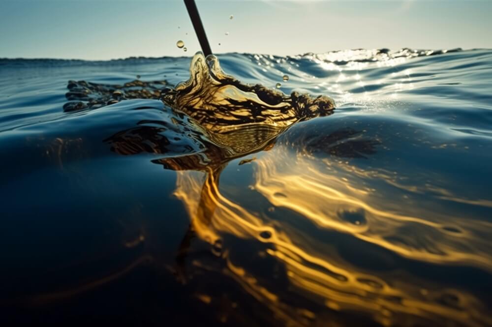a large oil spill spreads across the ocean, causing harm to marine life and the environment