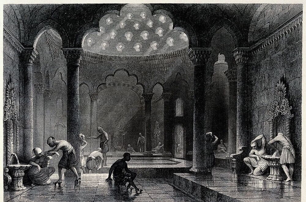 Black and white drawing of people in a Turkish Hammam, Turkish towels