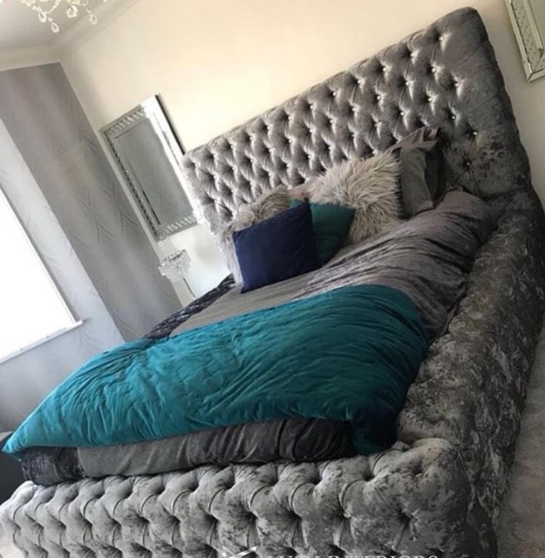 super king grey velvet bed