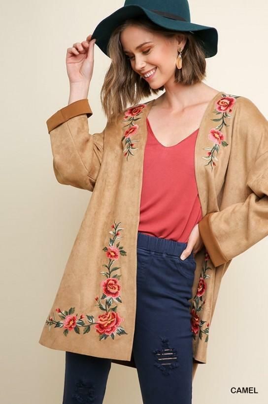 Floral Embroidered Open Front Faux Suede Jacket