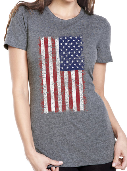 Women's USA American Distressed Flag Grey Tri Blend T-Shirt | SoRock Shop