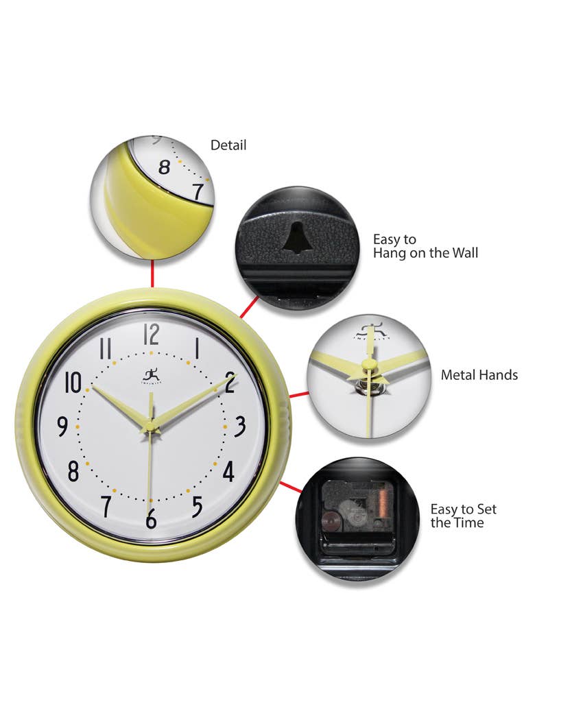 Retro Round Yellow Indoor Wall Clock 9.5 Inch