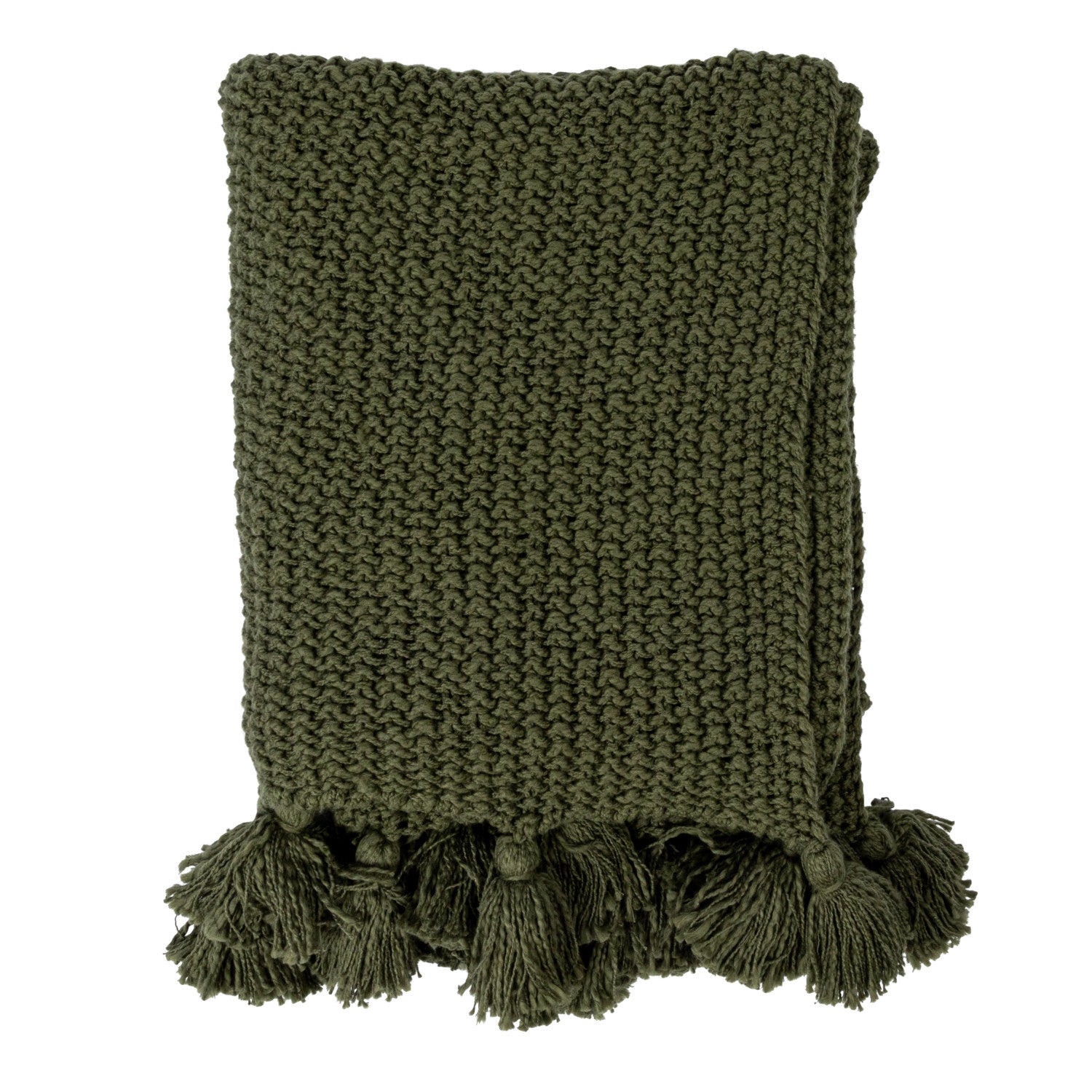 Cotton Knit Throw w/ Tassels, Olive Green