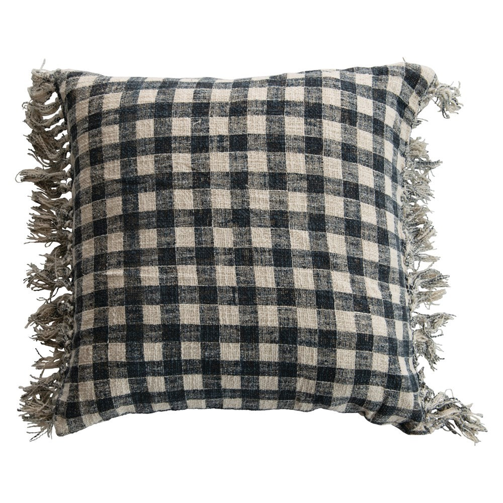 Square Gingham with Fringe Cotton Slub Pillow