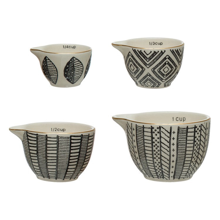 Stoneware Measuring Cups with Gold Rim and Black + White Pattern, Set of 4