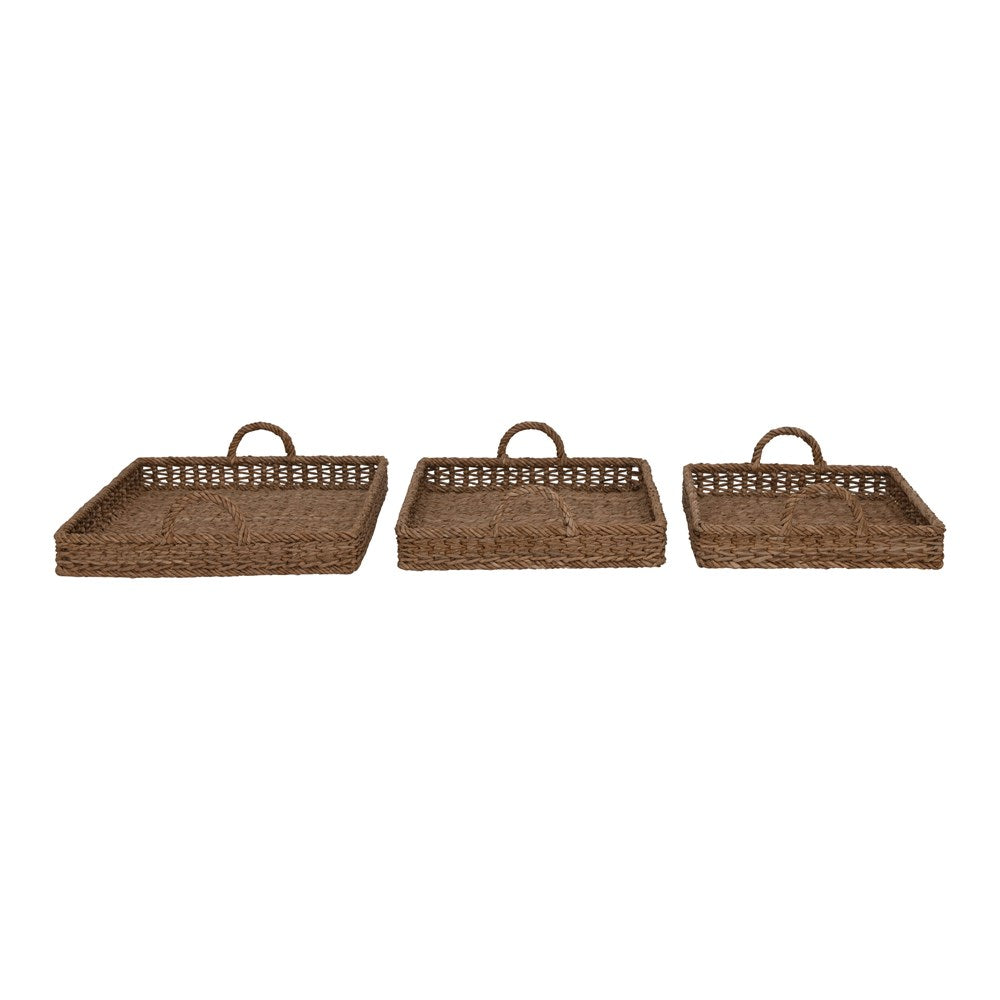 Decorative Hand-Woven Square Rattan Trays with Handles, Natural
