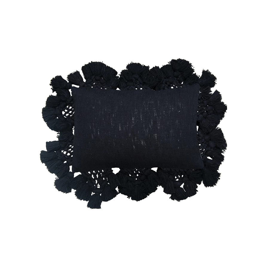 Black Cotton Slub Lumbar Pillow with Crochet + Tassels