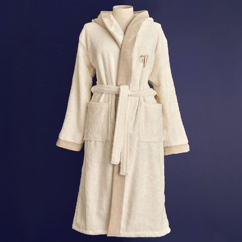 Bathrobe with Hood in Terry Cotton with Letters and Linen Flounce - Santiago