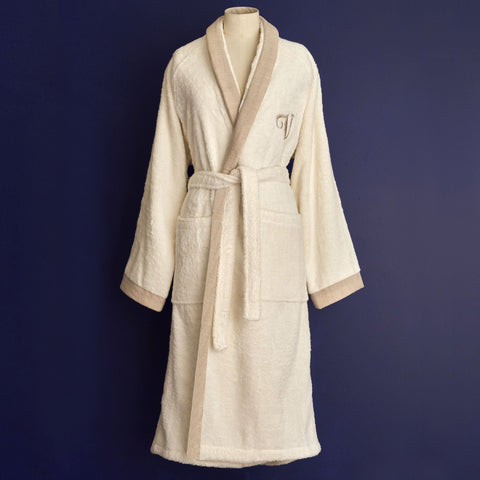 Bathrobe in Terry Cotton with Letters and Linen Flounce - Santiago