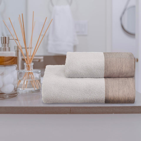 Set of Towels in Terry Cotton with Linen Flounce - Sierra