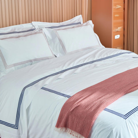 Duvet Cover Set in Cotton Percale with Satin Stitch Lines - Daytona