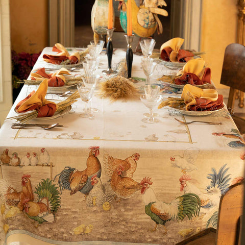 Tablecloth in Pure Linen printed Animal Patterned - Roosters