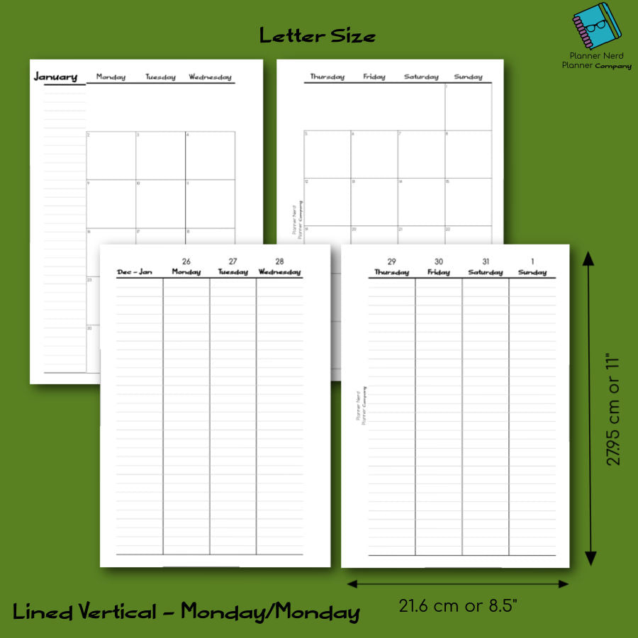 Lined Vertical Monday/Monday Letter Calendar Year