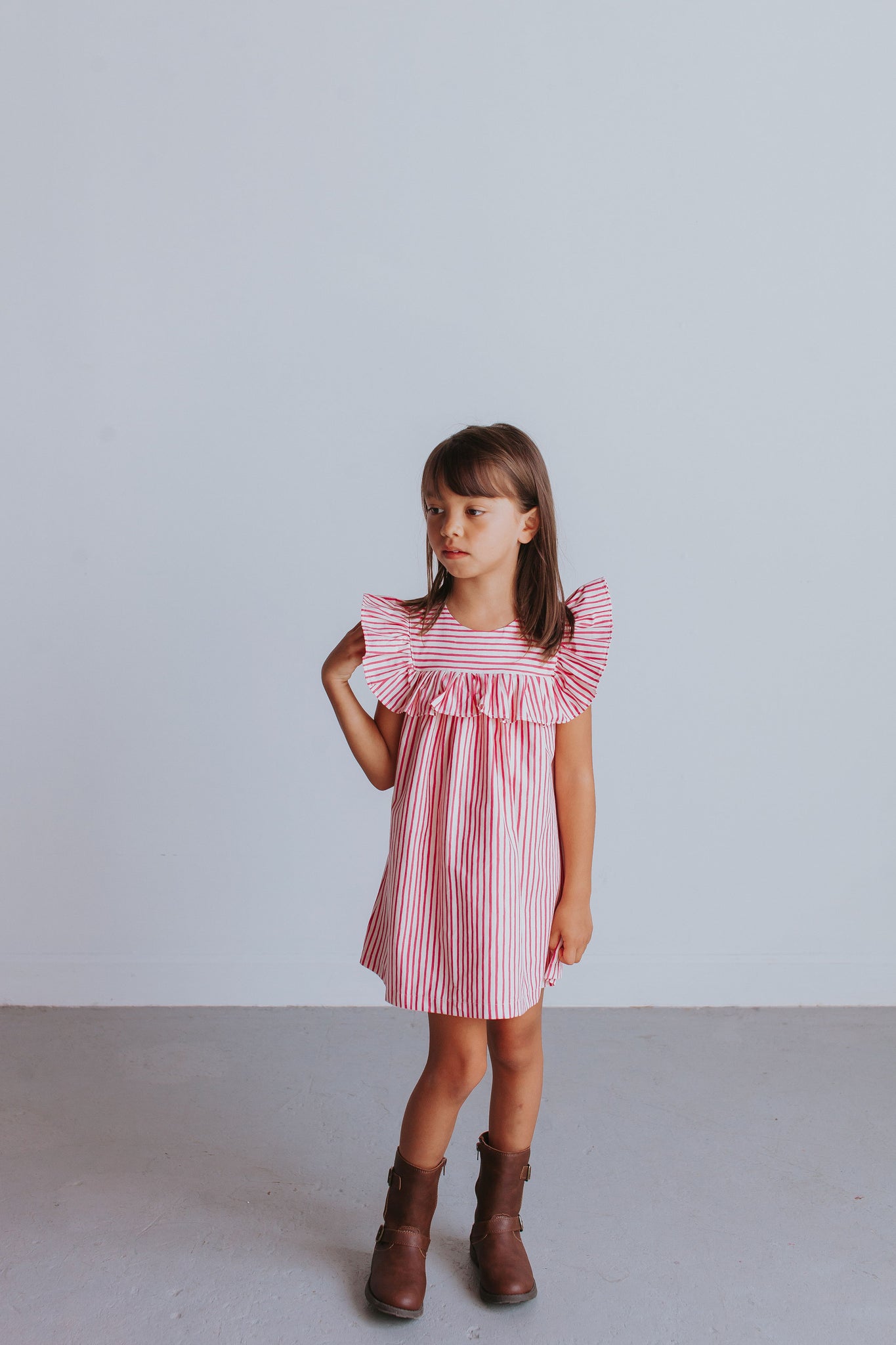 Little Girl's Pink and White Stripe Ruffle Cotton Dress with Ruffle Co ...