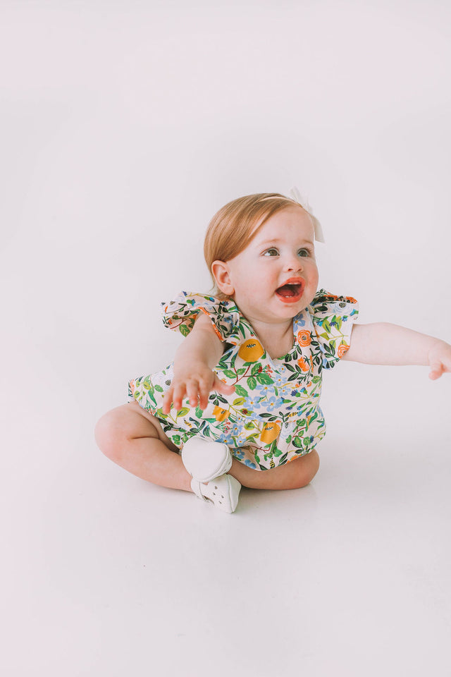 Infant Girl's Orange Blue and Green Botanical Floral Bubble Romper ...