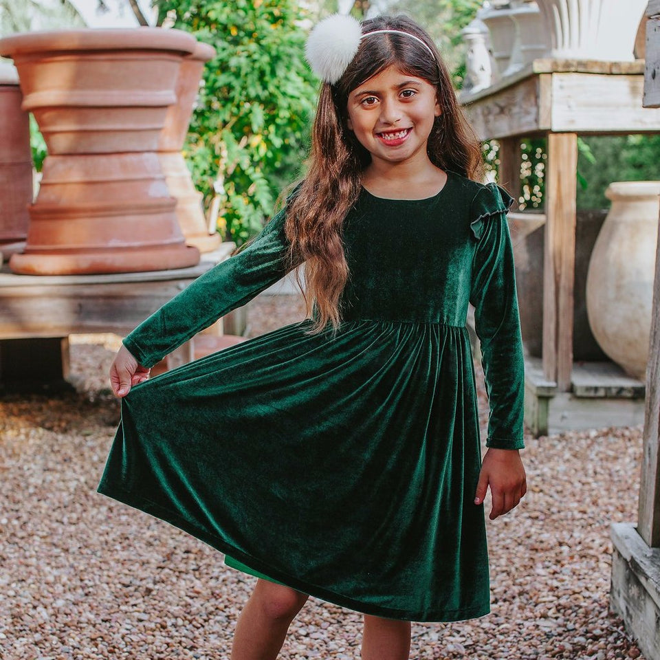 Little Girls Green Velvet Flutter Sleeve Dress Cuteheads