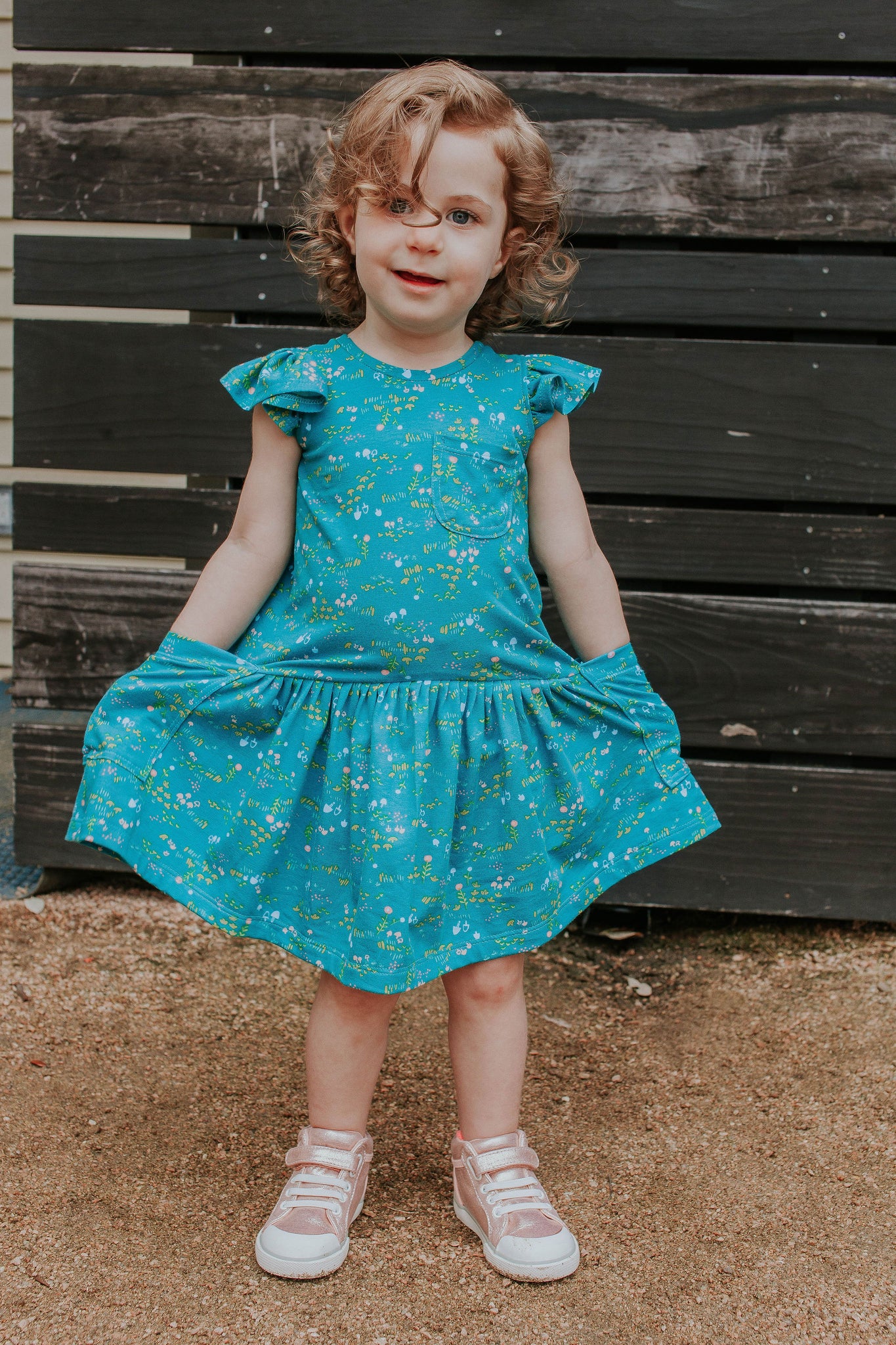Little Girl's Turquoise Floral Jersey Three Pocket Dress – cuteheads