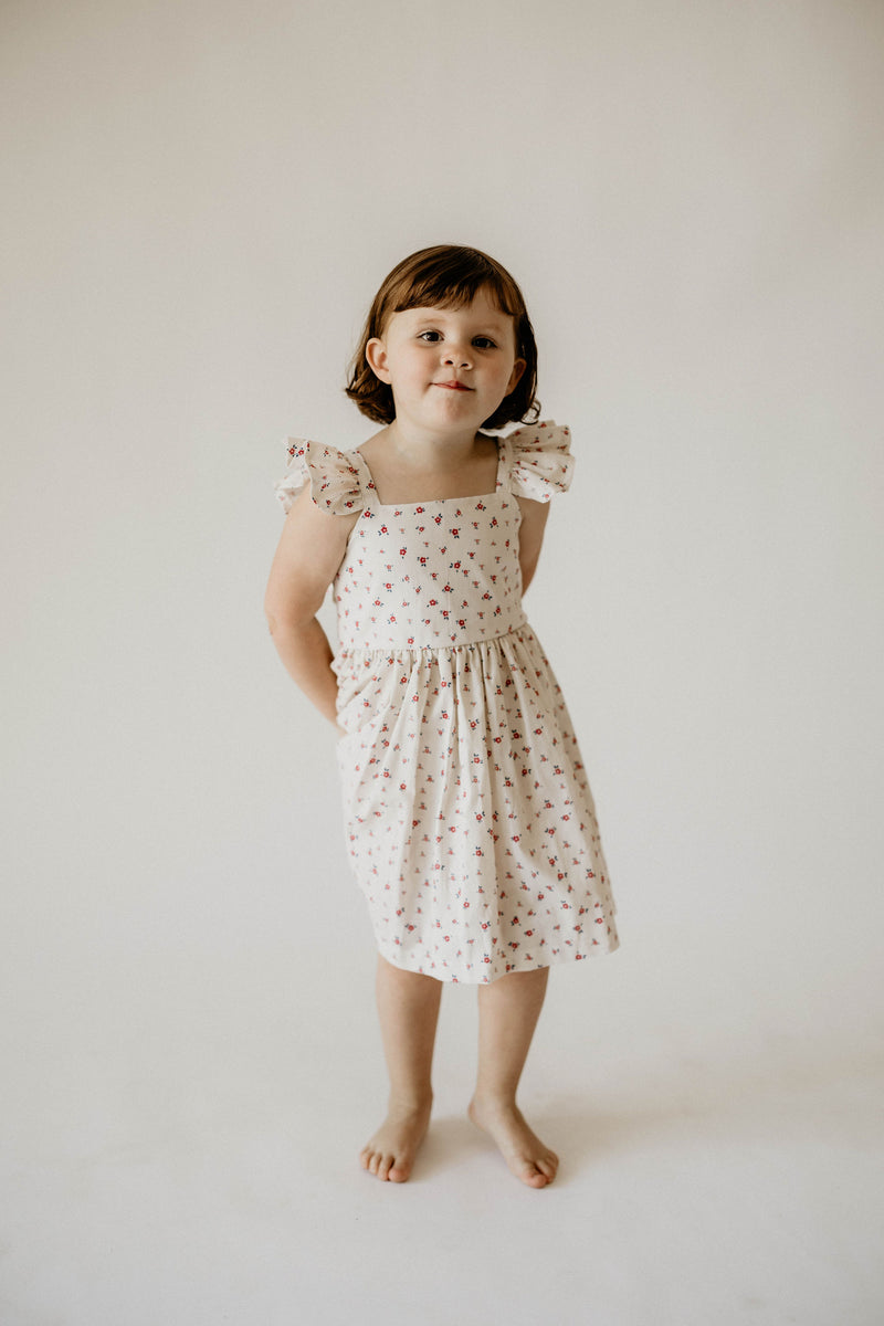 Girl's Red and White Ditsy Floral Print Cotton Flutter Sleeve Dress ...