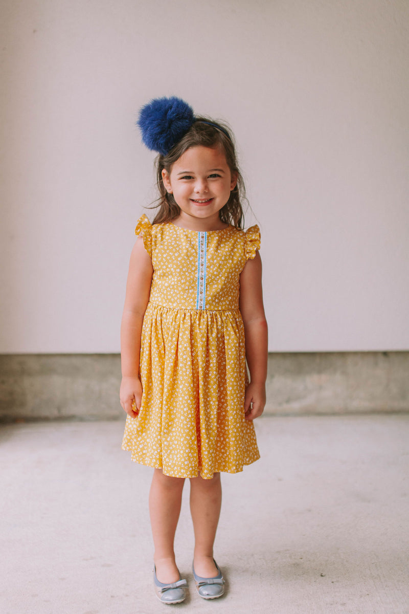 Little Girl's Yellow Ditsy Floral Twirl Dress with Blue Floral Trim ...
