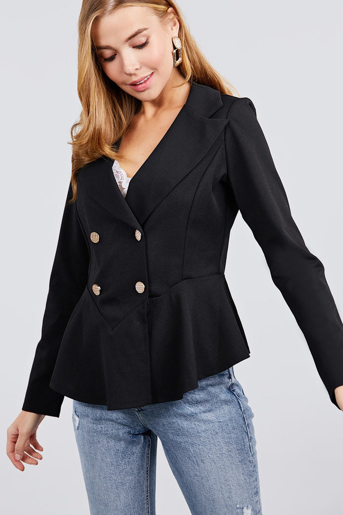 Long Sleeve Notched Lapel Collar Double Breasted Ruffle Hem Jacket ...