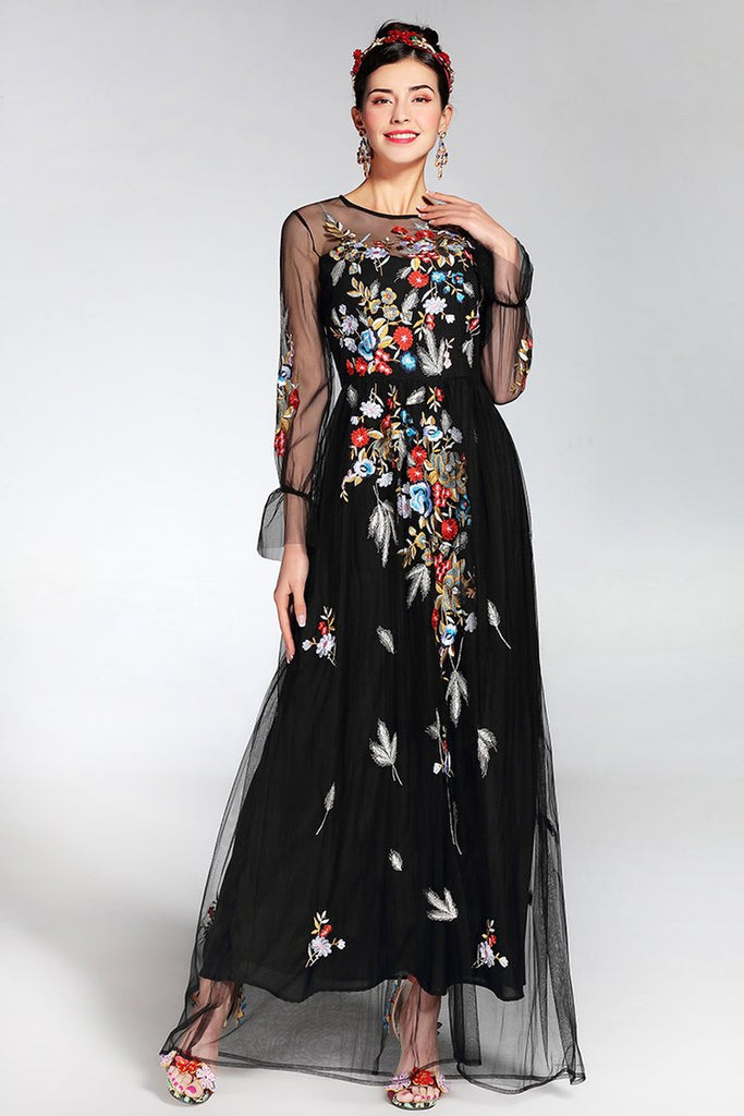 embroidered black maxi dress