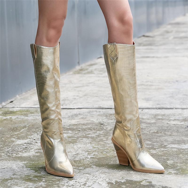 metallic knee high boots