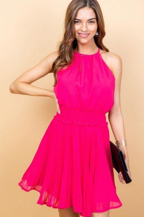 hot pink halter neck dress