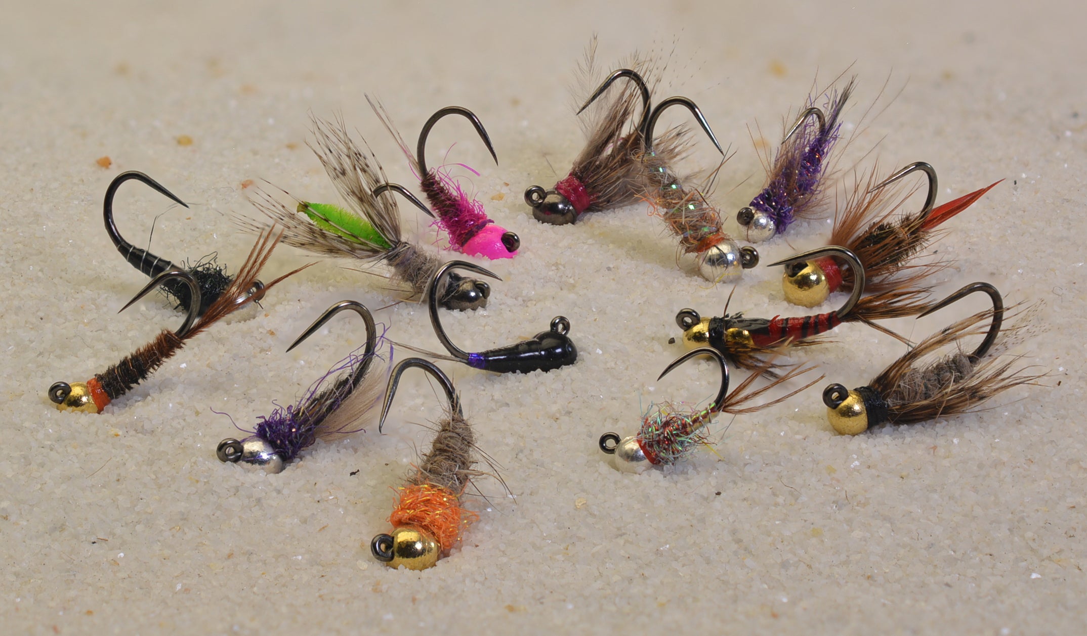 Fly Fishing Flies 12 Beaded Dust Mop Fly Chamoi - Tan color size 10  Barbless Jig 