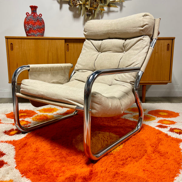 Overman Tubular Chrome  Canvas Chair + Ottoman Mr. Mansfield Vintage