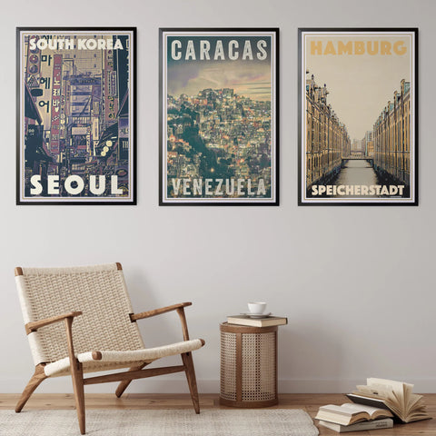 3 Travel posters of Seoul, Caracas and Hamburg, all created by Alecse, the French Retro Travel Poster Artists
