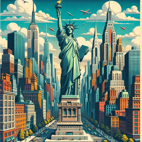 a whimsical and imaginative poster of Manhattan, showcasing the Statue of Liberty uniquely positioned in the middle of the cityscape. This image serves as an example of the creative yet inaccurate depictions often found in AI-generated art.