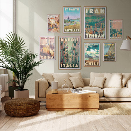 Travel accent wall with 9 posters