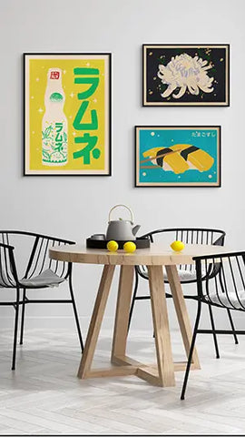 Japanese Pop Art posters by Cha featuring Ramune soda, Tamago Sushi and Chrysanthemum Flower art prints