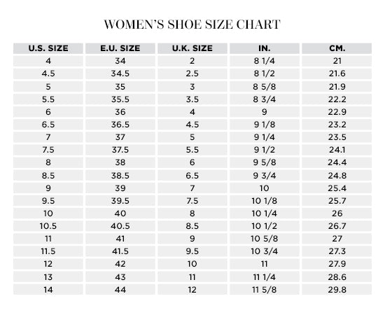 women's shoe length chart