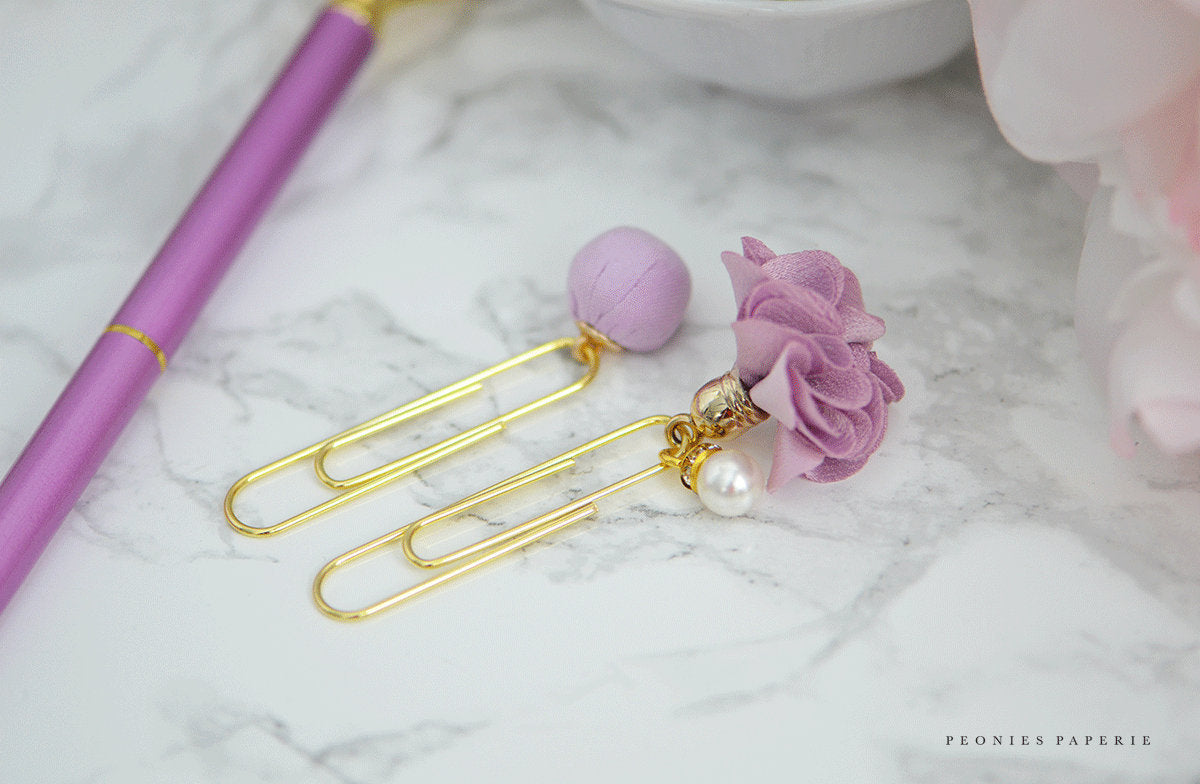 Lilac Satin and Pearls Pom Pom Planner Clips Peonies Paperie