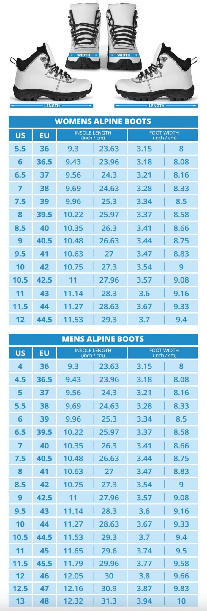 Hiking Boots Size Chart