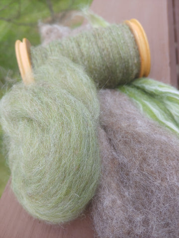 Medium Coopworth and Lichen 80/20 Merino/Tussah lie on a painted wooden rail.  On top of the fiber is a batt made by blending the two and a bobbin full of spun spingles made from the blend.