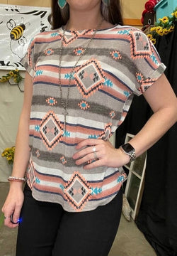 MULTI COLOR AZTEC PRINT SHORT SLEEVE TOP