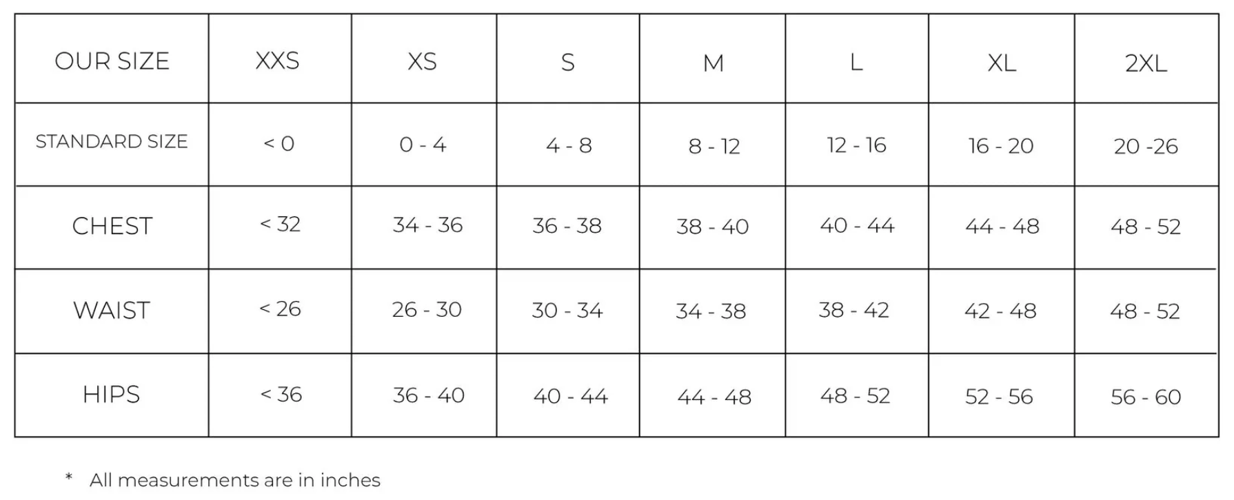 product size chart