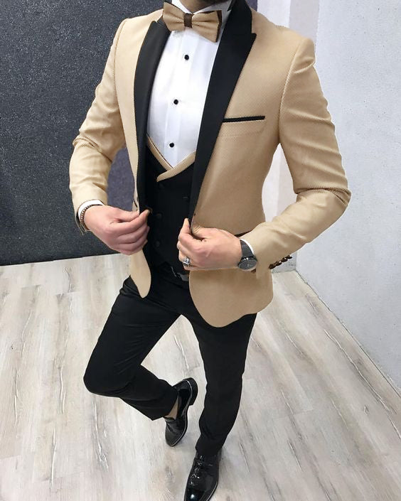 Beige Peak Lapel Slim Fit Gentle men Prom Dress Suits Out fit Groom We ...